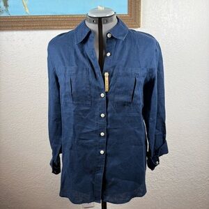 NWT Investments Gold Label Navy Blue Button-Up Linen Women's Blouse Classic
